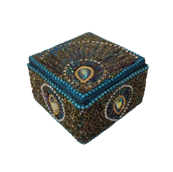 🏵️ Peacock Feather Glitter Bead Embellished Trinket Keepsake Box - Picture 1 of 6